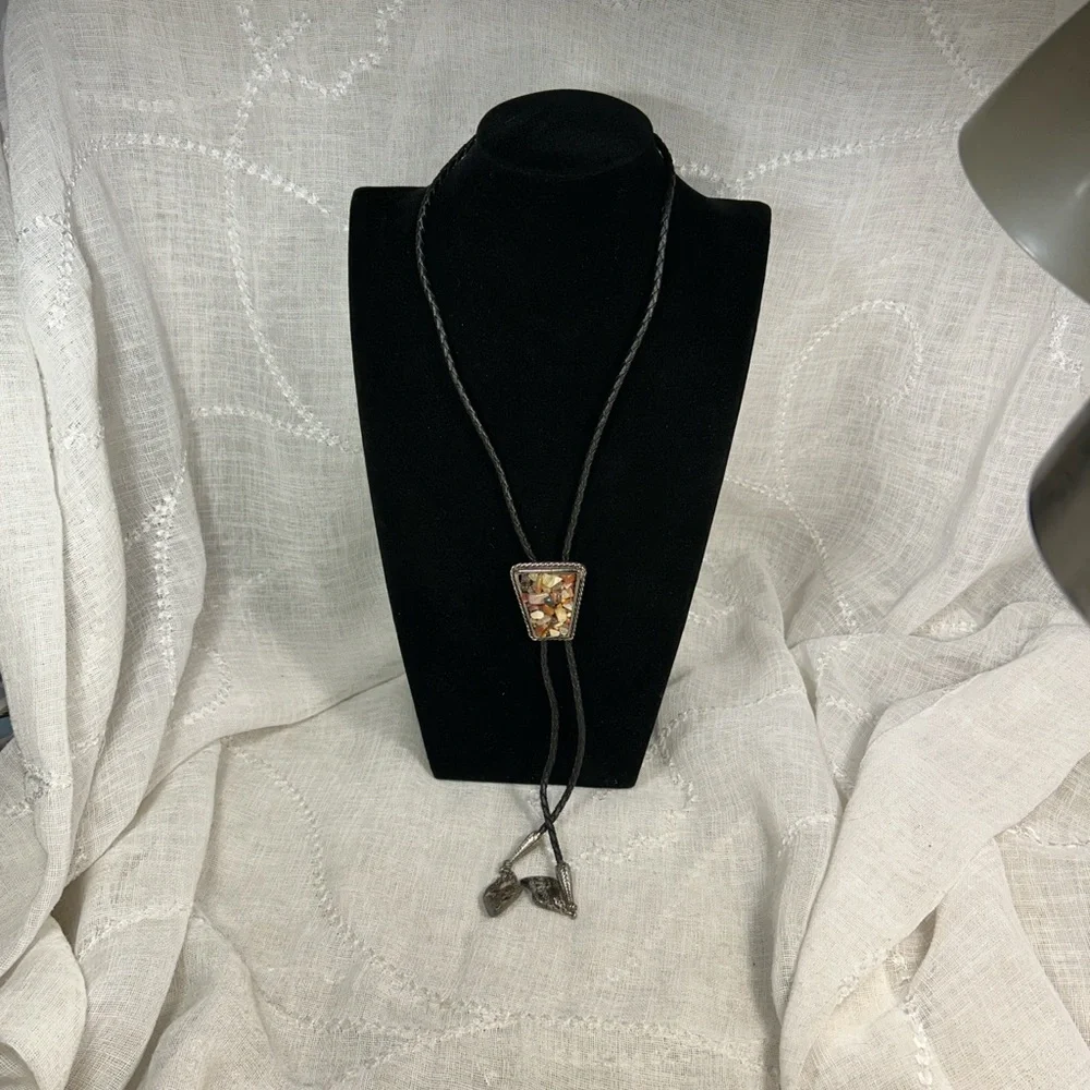 Vintage Bolo tie western leather, ornate medallion natural agate, jasper, etc